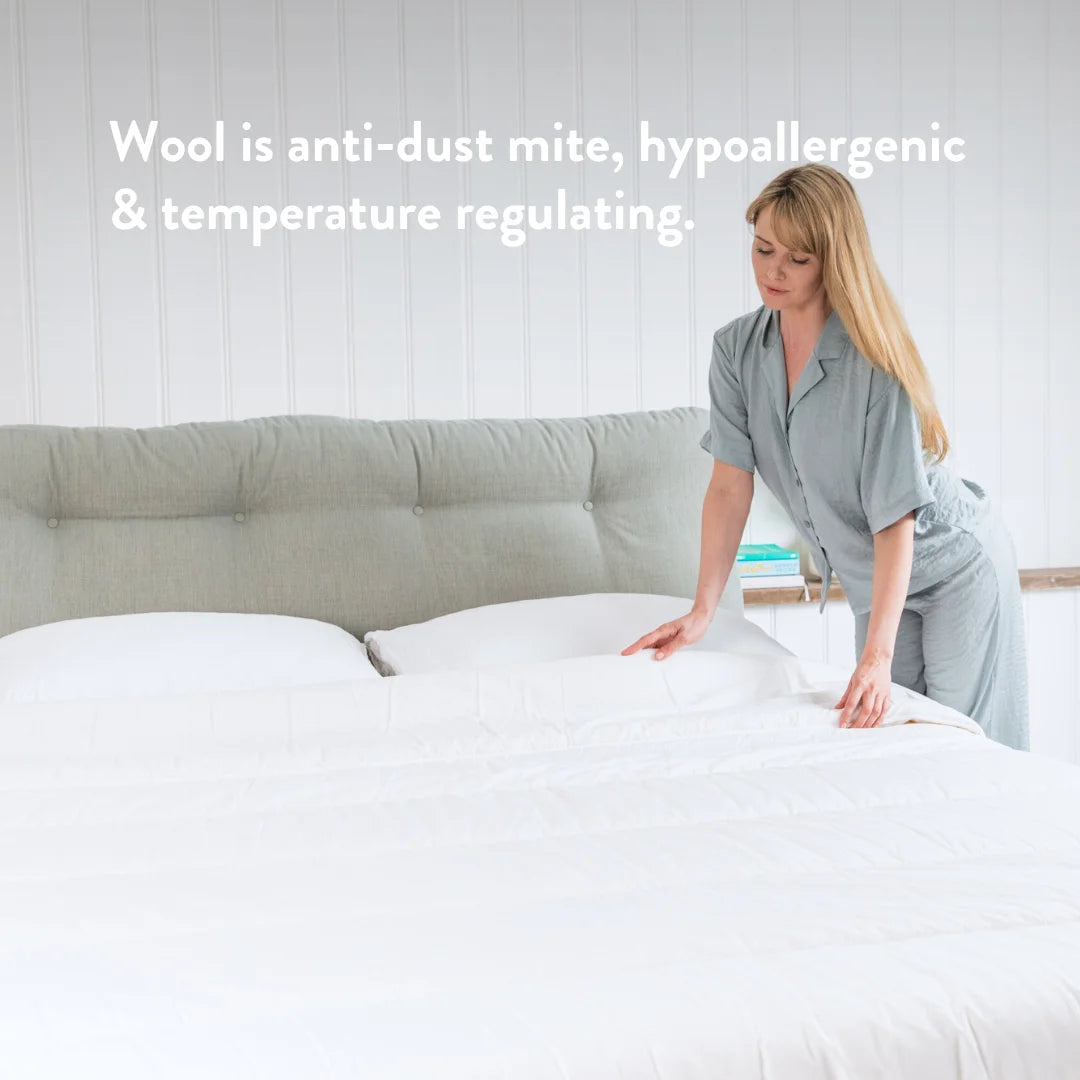 Wool duvet is anti-dust mite, hypoallergenic & temperature regulating.