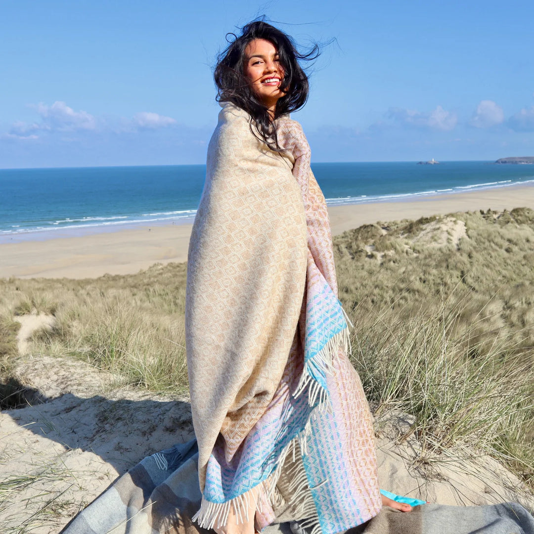British Lambs Wool Blanket - cream brown blue lilac purple pink diamond print
