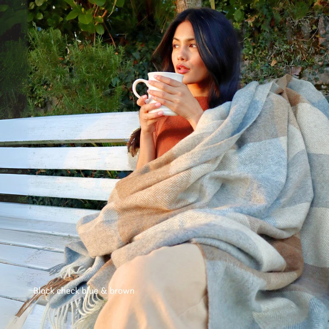 British Lambs Wool Blanket - brown and blue check pattern