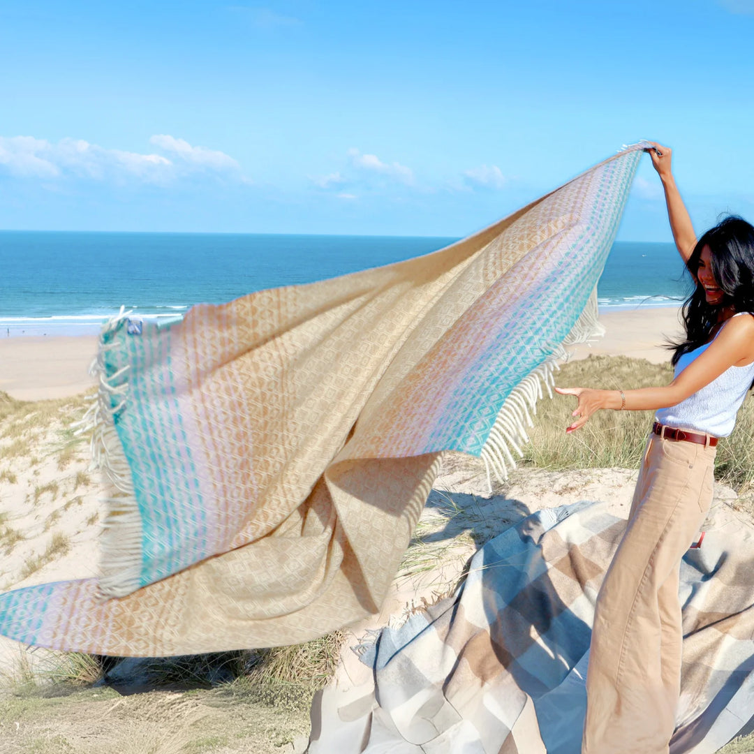 British Lambs Wool Blanket - cream brown blue lilac purple pink diamond print