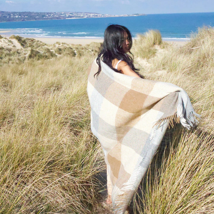 British Lambs Wool Blanket - brown and blue check pattern