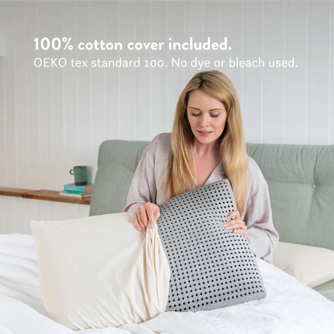 100% cotton cover included. OEKO tex standard 100. No dye or bleach used. Graphite Latex Pillow - Natural foam pillow alternative soft bouncy supportive cooling