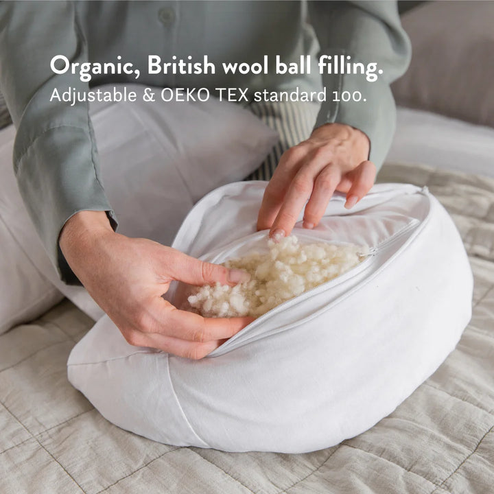 Organic, British wool ball filling pregnancy bump pillow for sleep. Adjustable & Oeko tex standard 100.