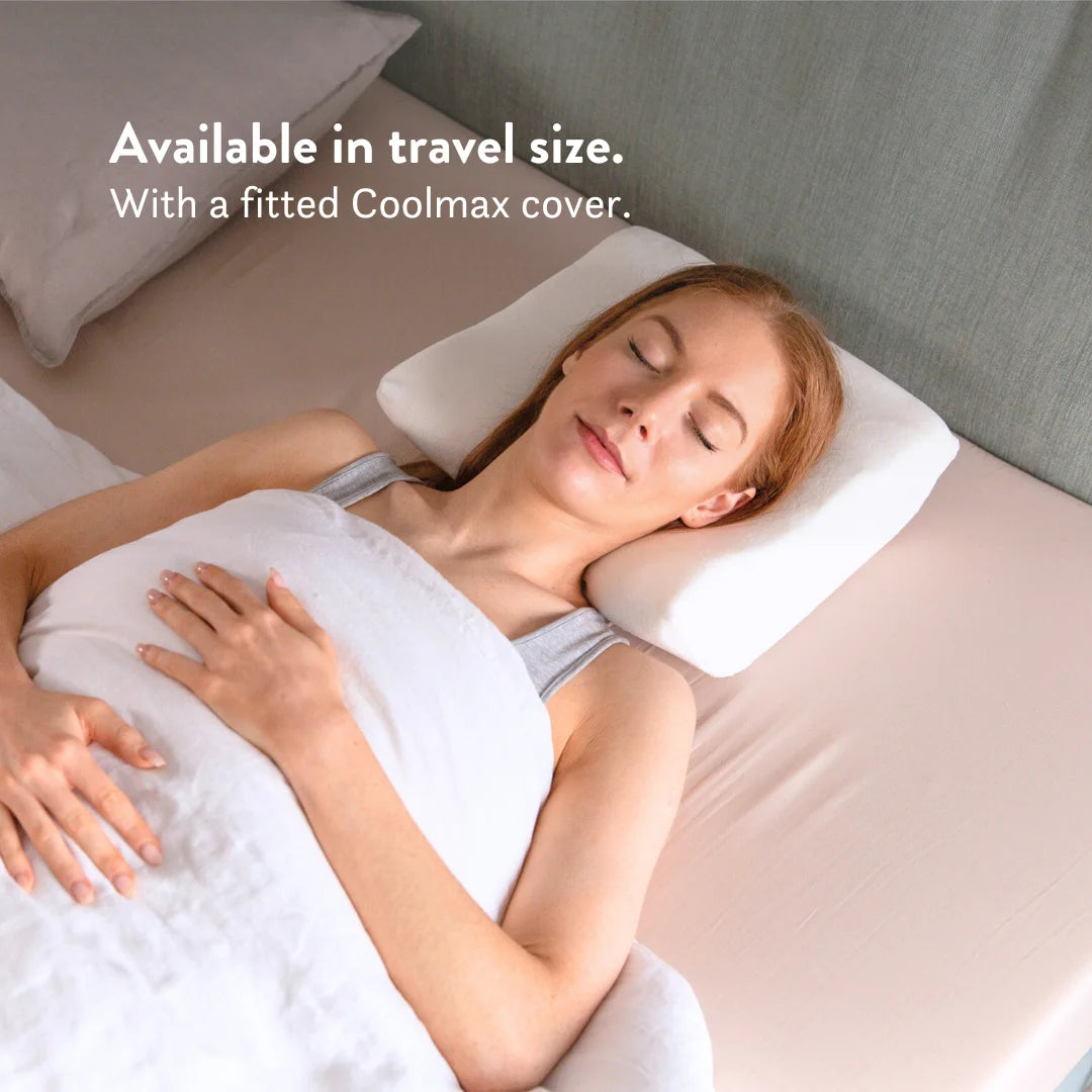 Travel size with a fitted cover. Putnam Memory Foam Pillow 100% cotton cover recommended by chiropractors Made in the UK orthopedic pillow 