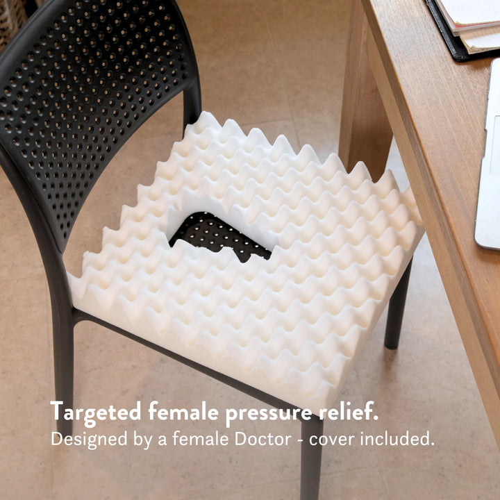 Vulva Pressure Relief Cushion (Vulvodynia) tear drop shaped cut out with discreet stretch cover high density foam targeted female pressure relief