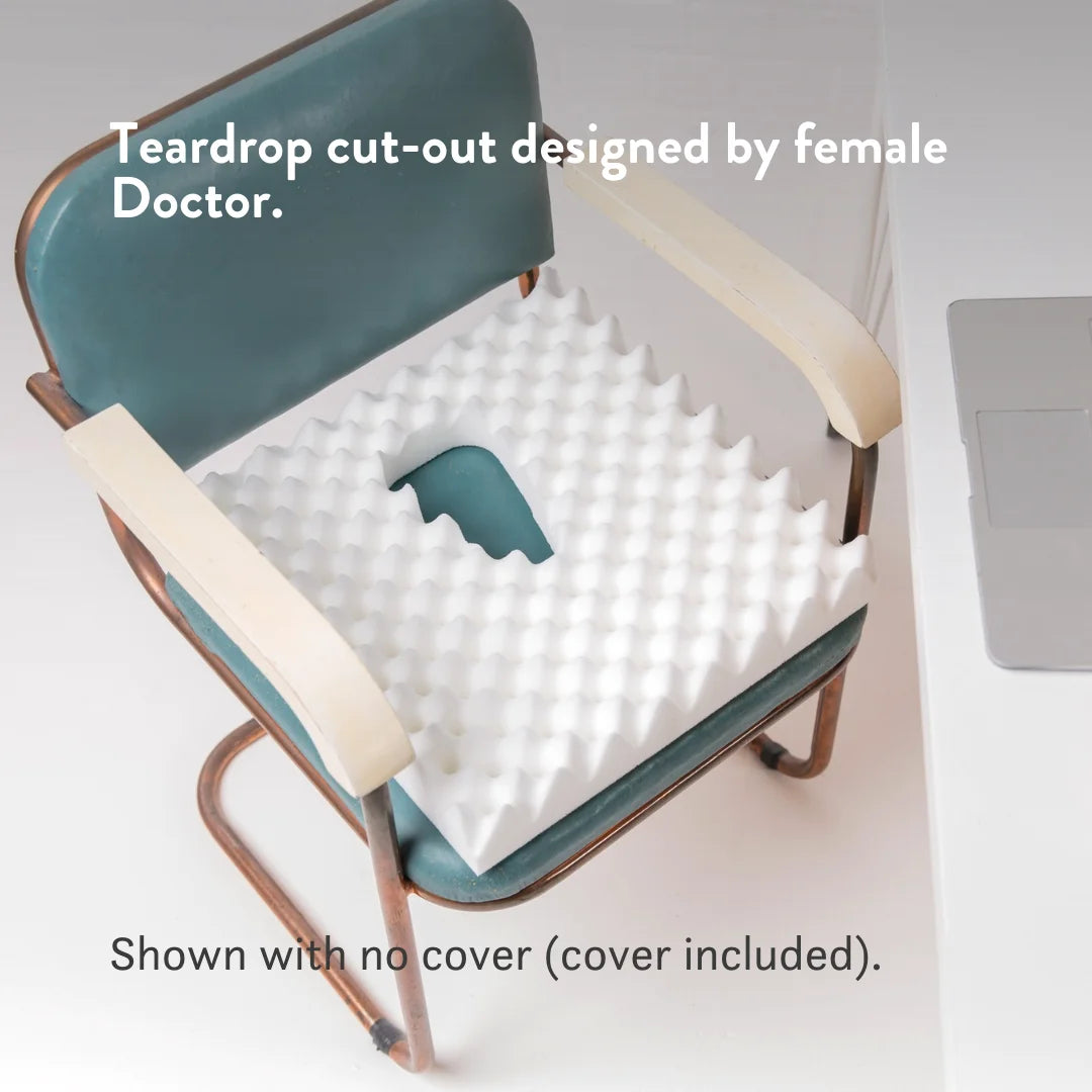 Teardrop cut-out designed by a female doctor. Vulva Pressure Relief Cushion (Vulvodynia) cut out with discreet cover