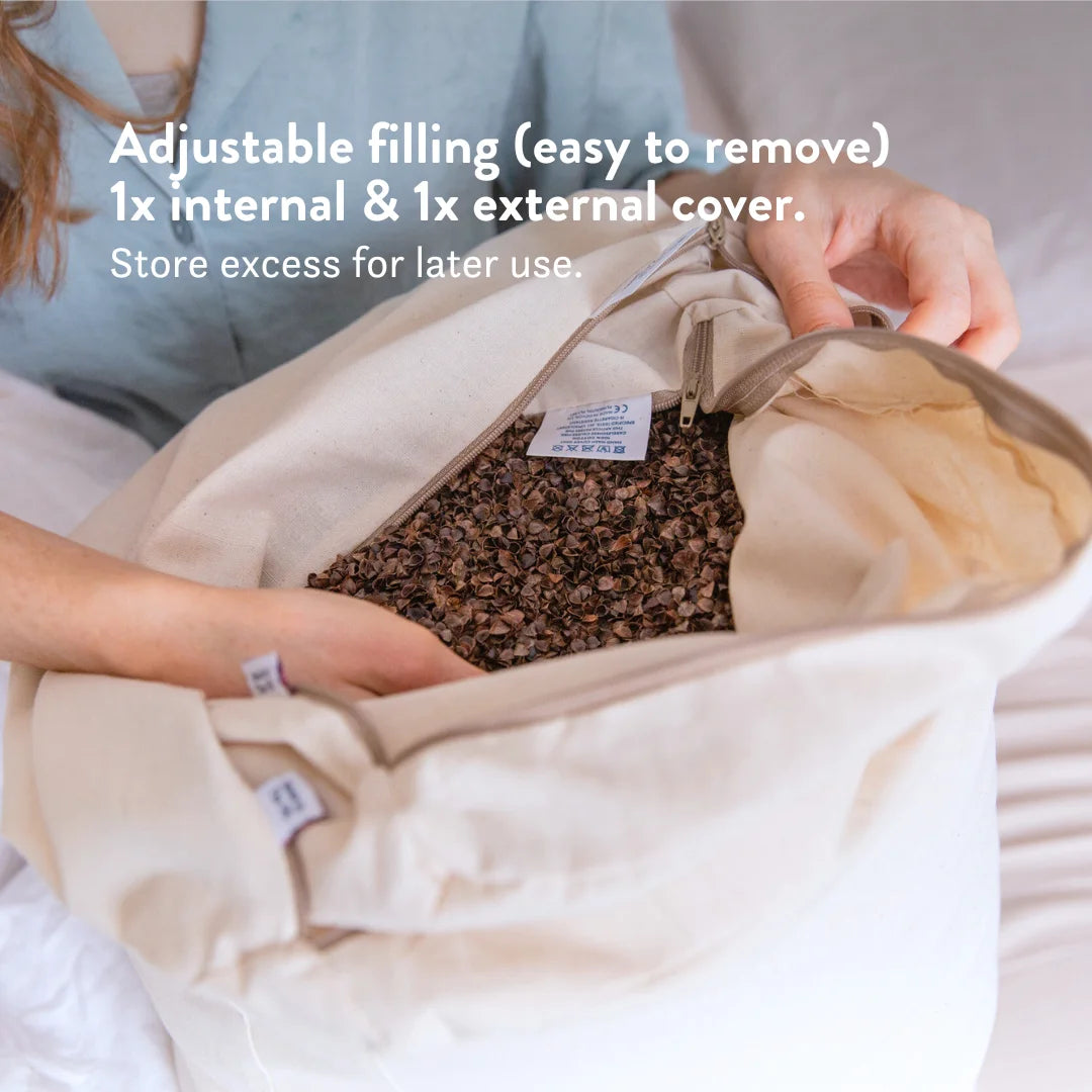 adjustable height organic natural pillow made in the UK from biodegradable materials. 2 covers.