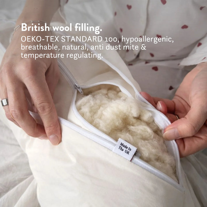 Organic cotton pregnancy pillow British wool OEKO-TEX STANDARD 100, hypoallergenic, breathable, natural, anti dust mite & temperature regulating.